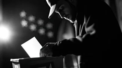 Man Casting A Ballot In A Dark Voting Booth