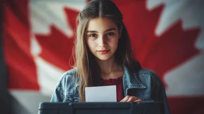 Young Girl Casting A Ballot In A Canadian Election