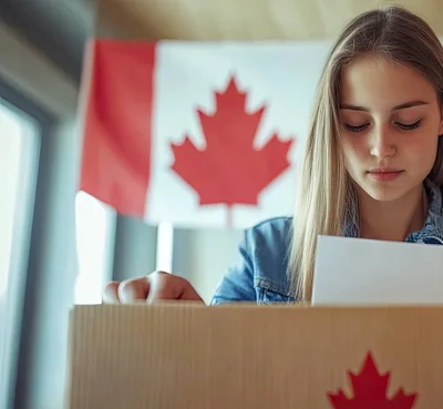 Young Woman Packing Cardboard Box With Canadian Flag