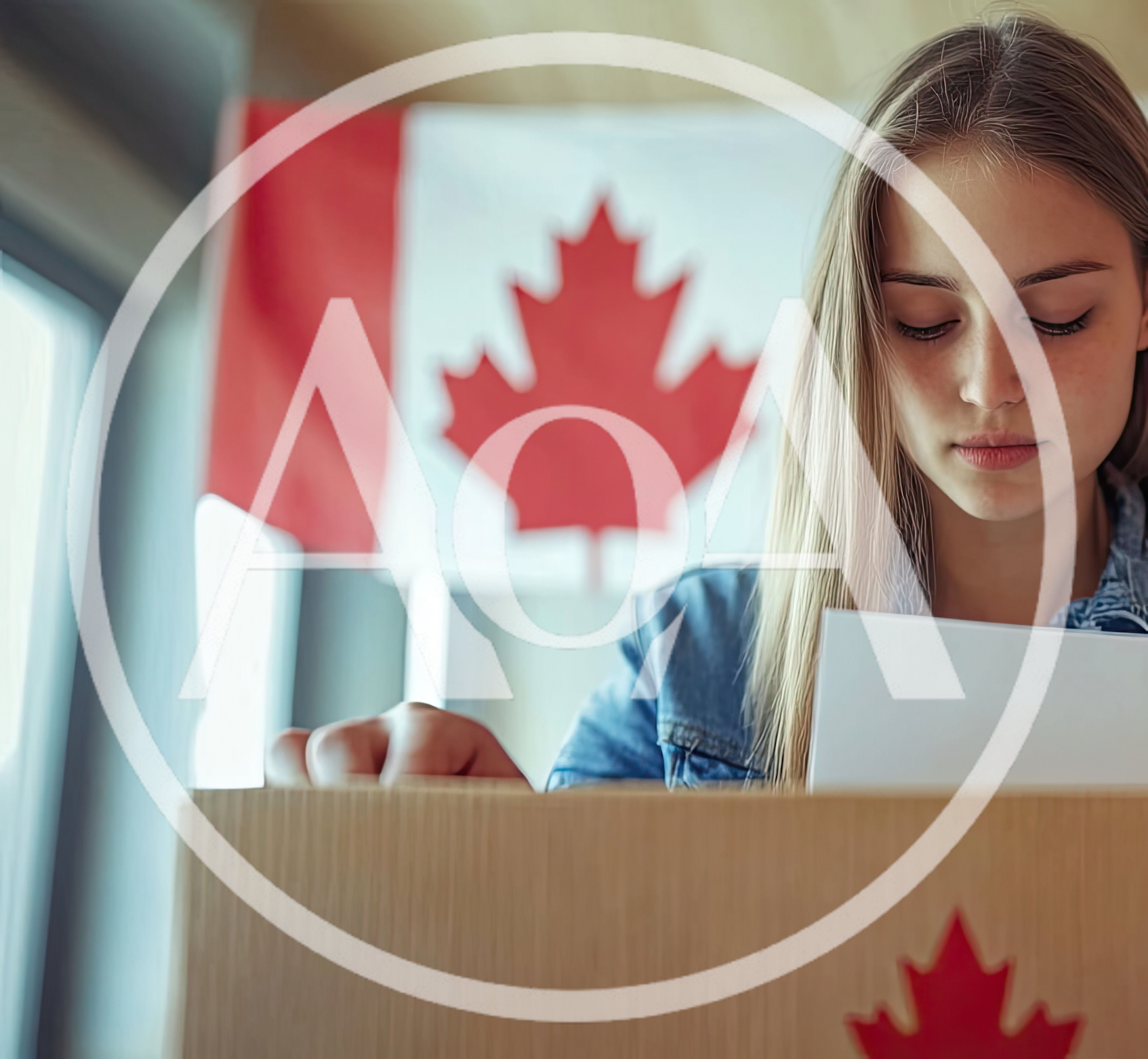 Young Woman Packing Cardboard Box With Canadian Flag