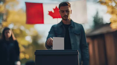 Young Man Casting A Ballot In A Canadian Election