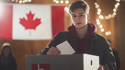 Young Man Casting Ballot in Canadian Election