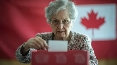 Elderly Woman Casting A Ballot In Canadian Election