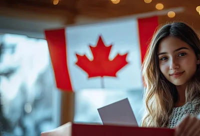 Young Woman Holding A Letter In Front Of Canadian Flag