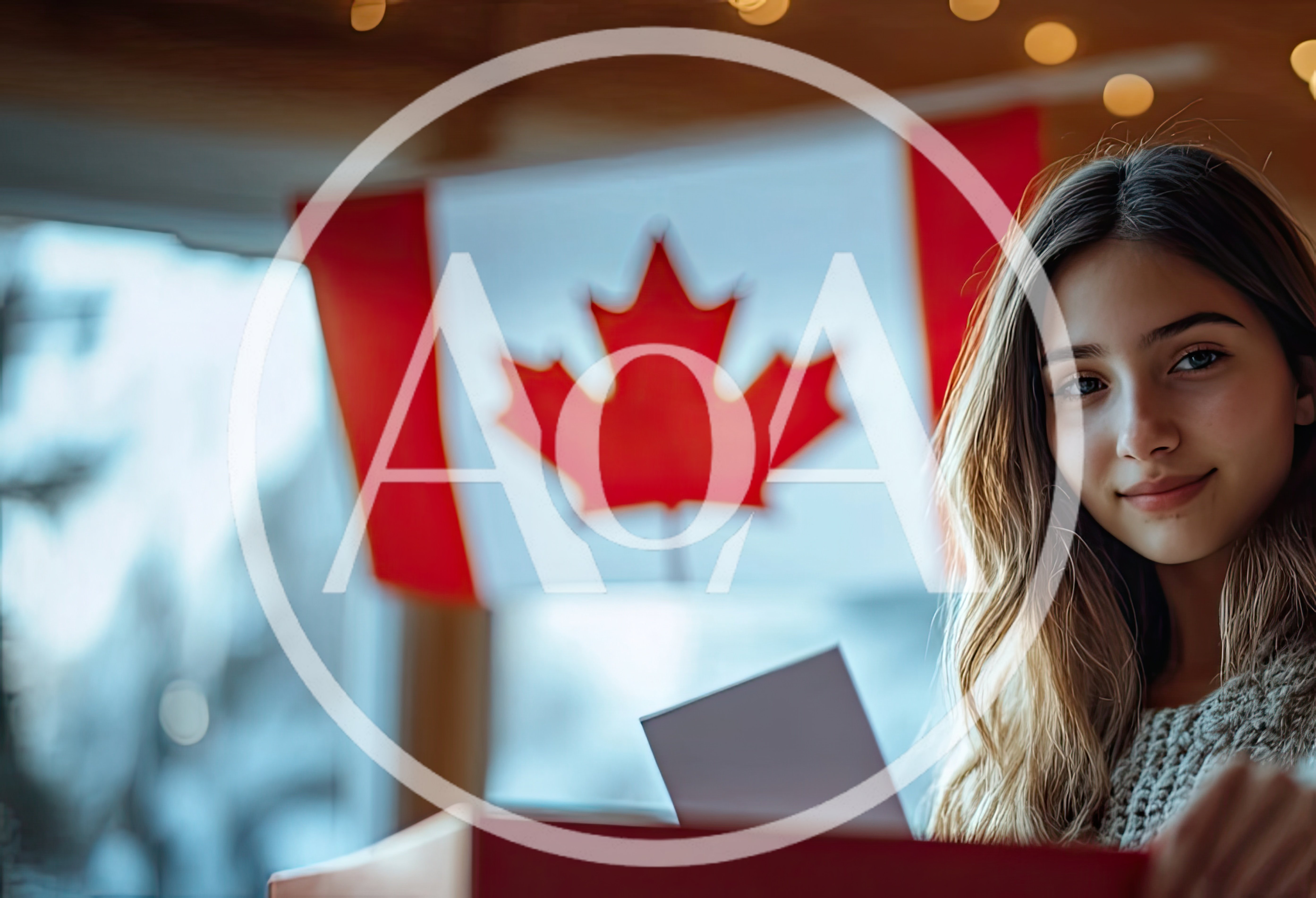 Young Woman Holding A Letter In Front Of Canadian Flag