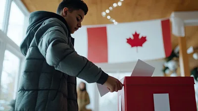 Young Man Casting A Ballot In A Canadian Election