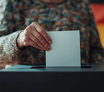 Elderly Person Casting A Vote In Ballot Box