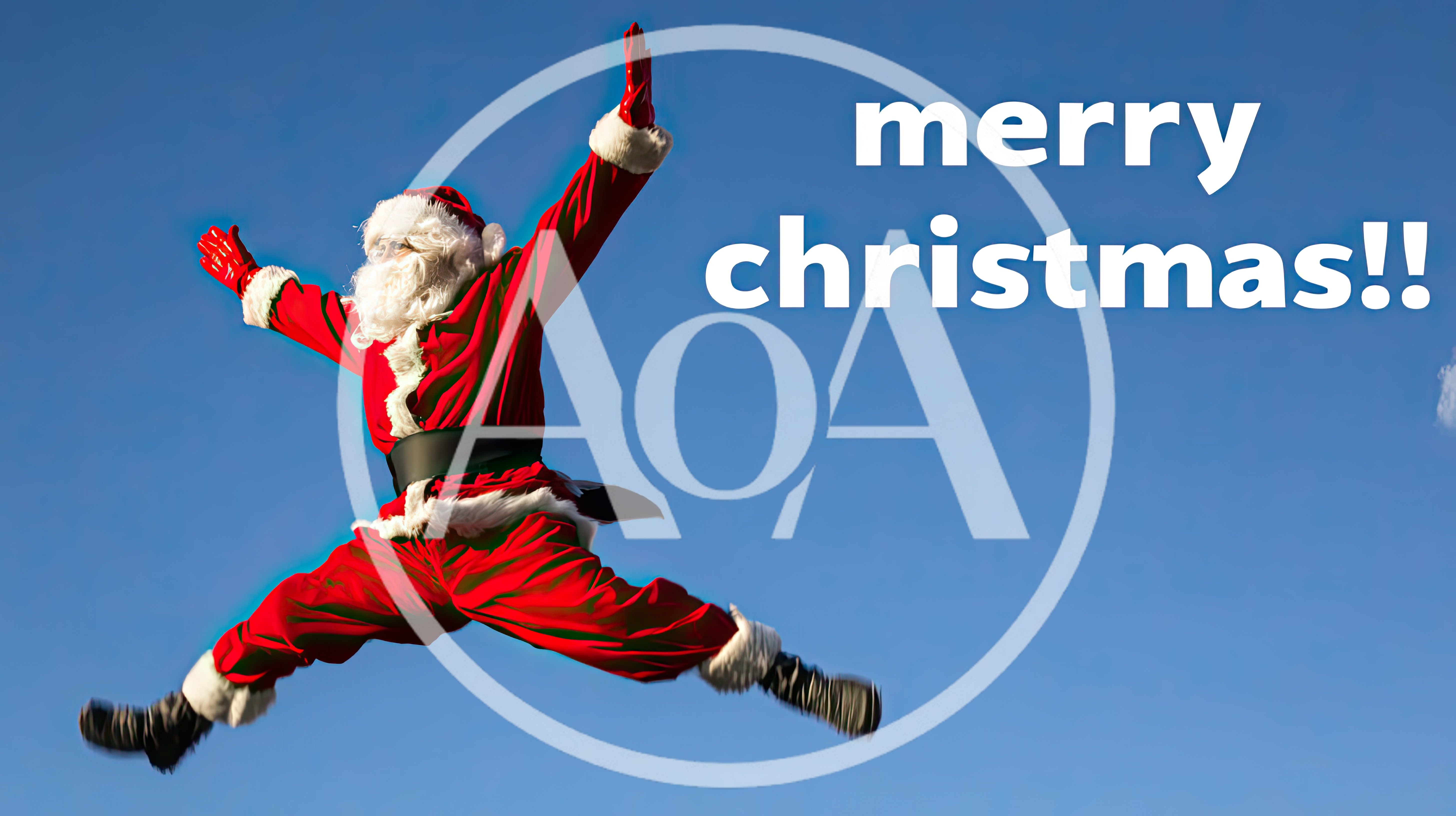 Santa Claus Jumping High Against A Clear Blue Sky