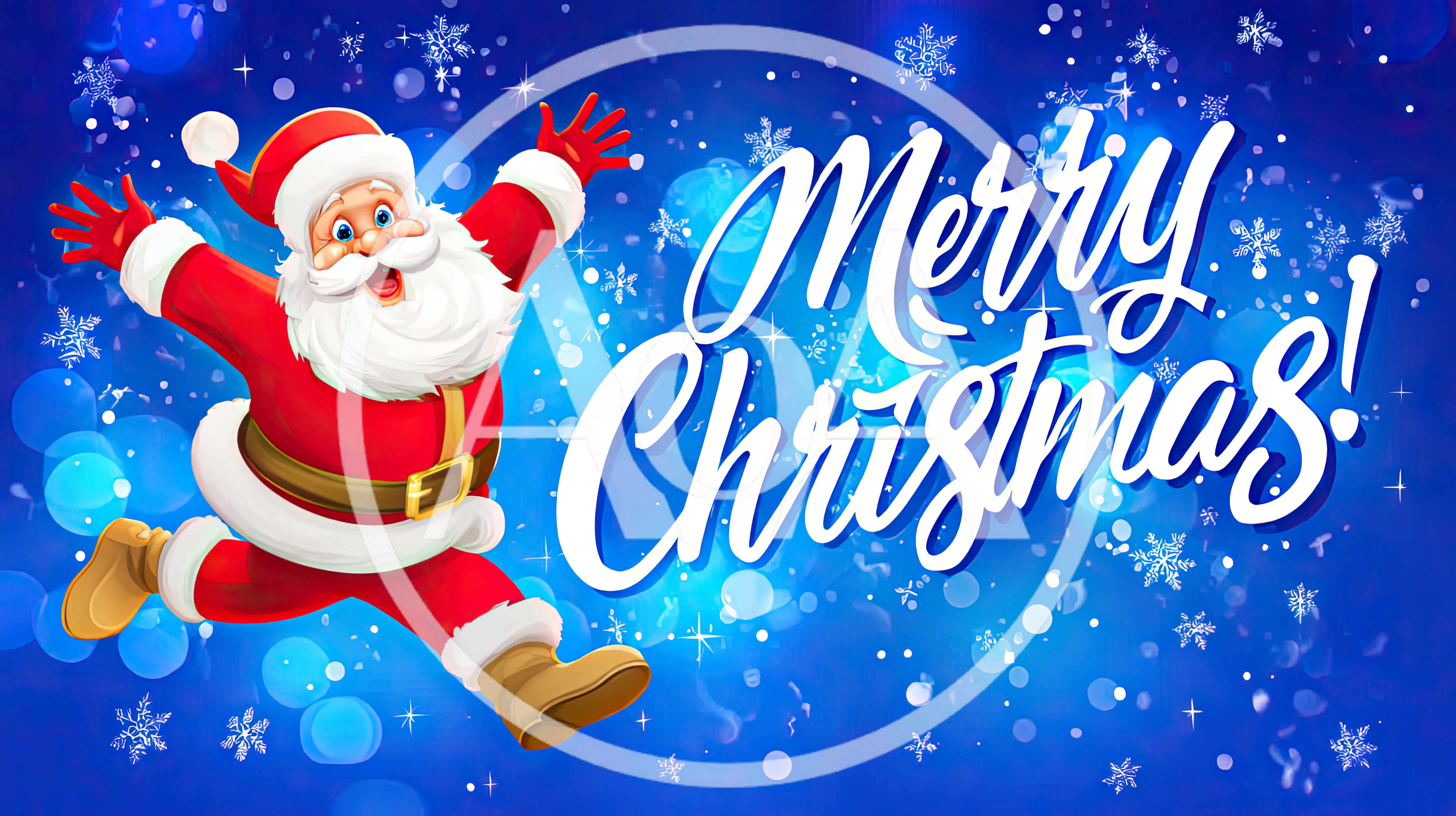 Cheerful Santa Claus Jumping for Merry Christmas Greeting