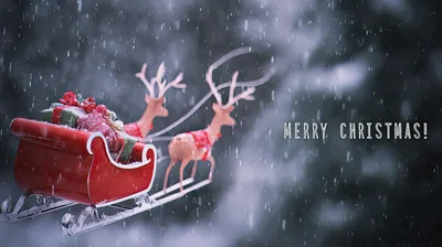 Santa Claus Sleigh With Reindeer Flying In Snow