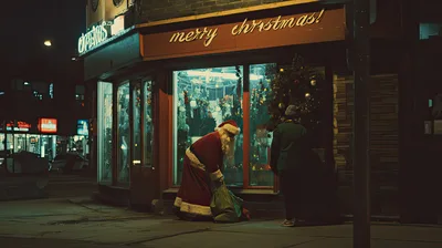 Santa Claus Standing Outside A Decorated Christmas Shop