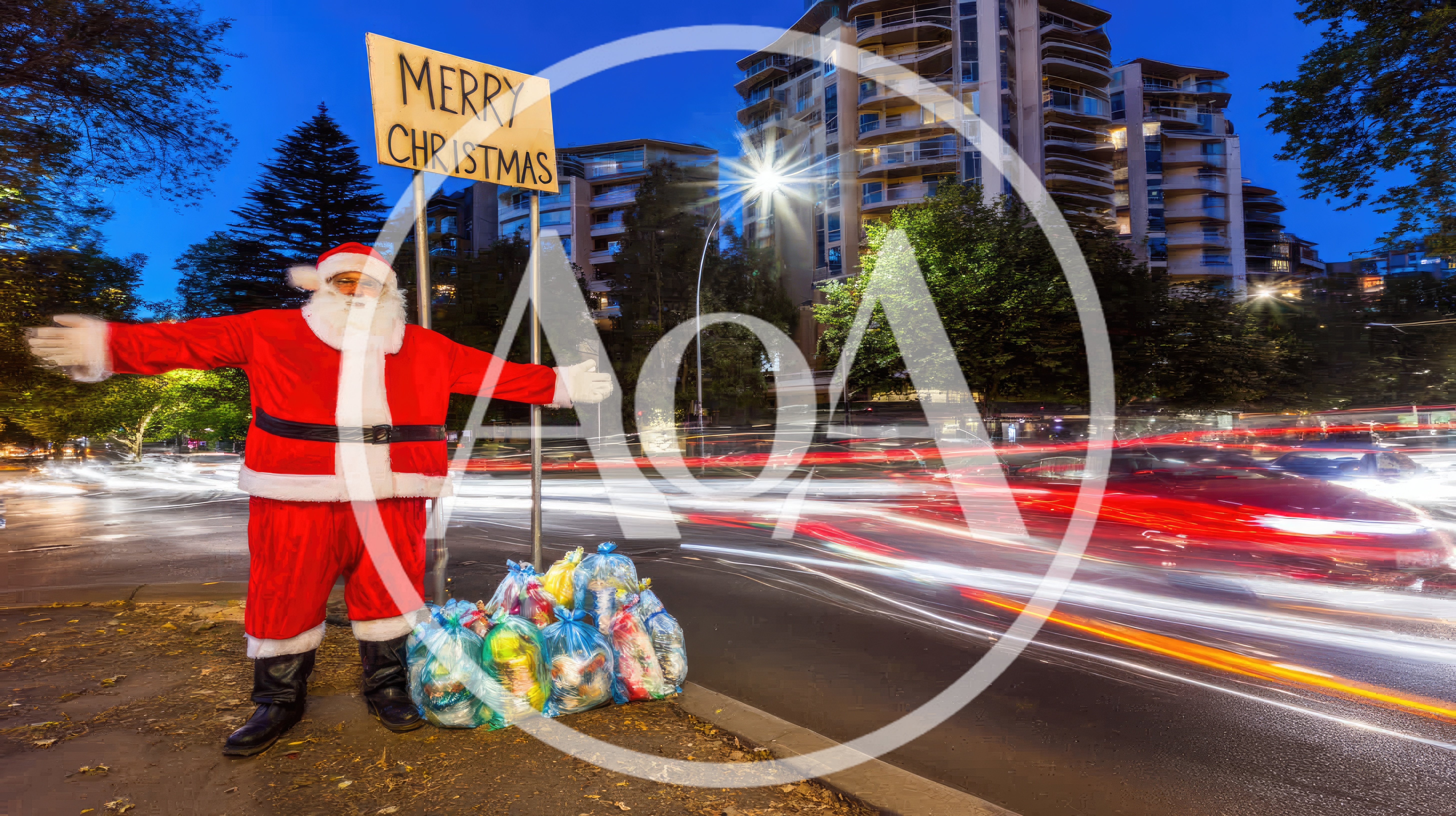 Santa Claus Standing With Christmas Sign And Trash Bags