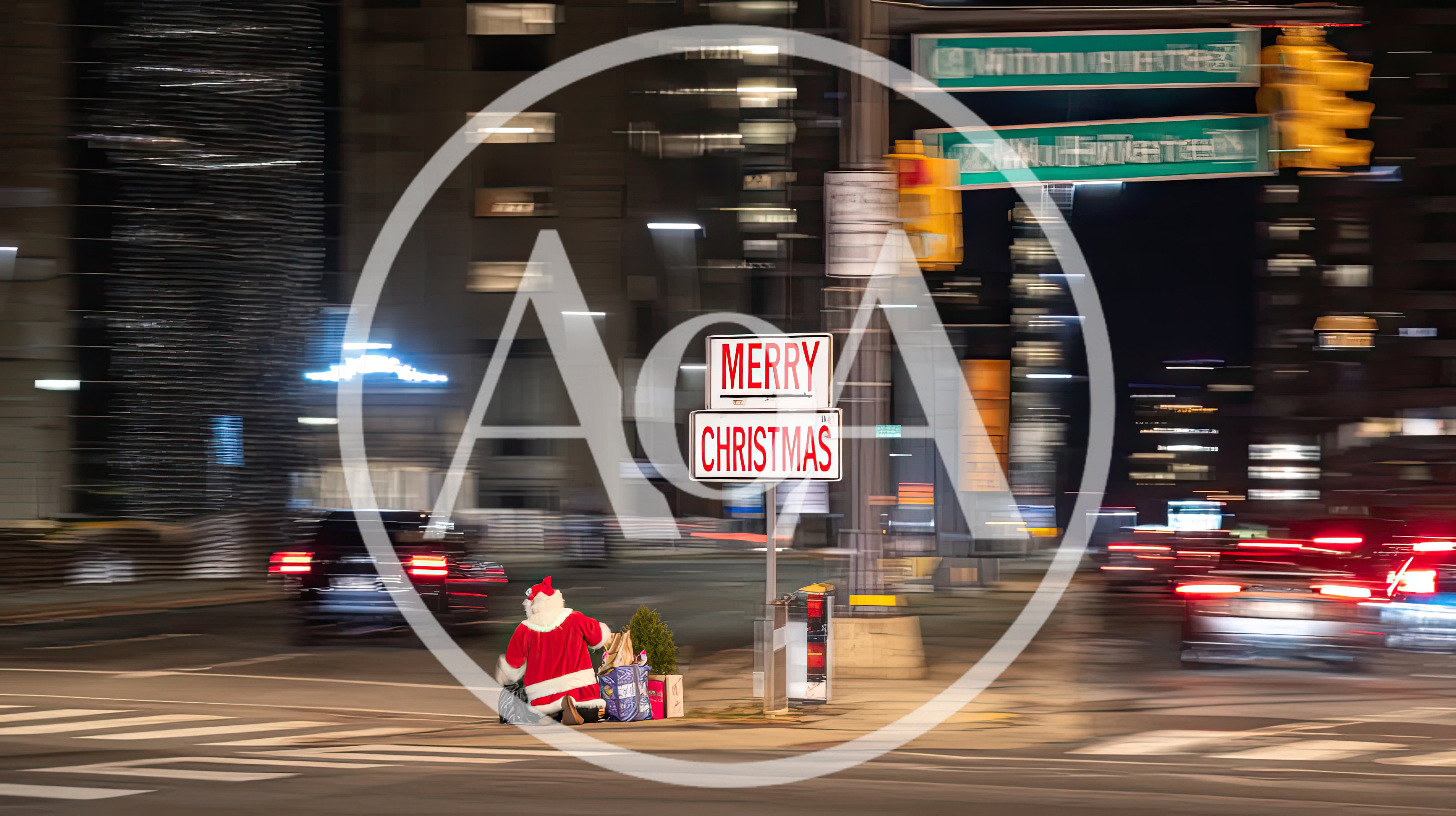 Santa Claus Kneeling on City Street at Night
