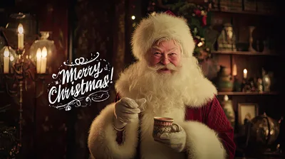 Santa Claus Holding A Mug With Merry Christmas Text