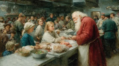 Elderly Man Serving Food To Children In A Kitchen