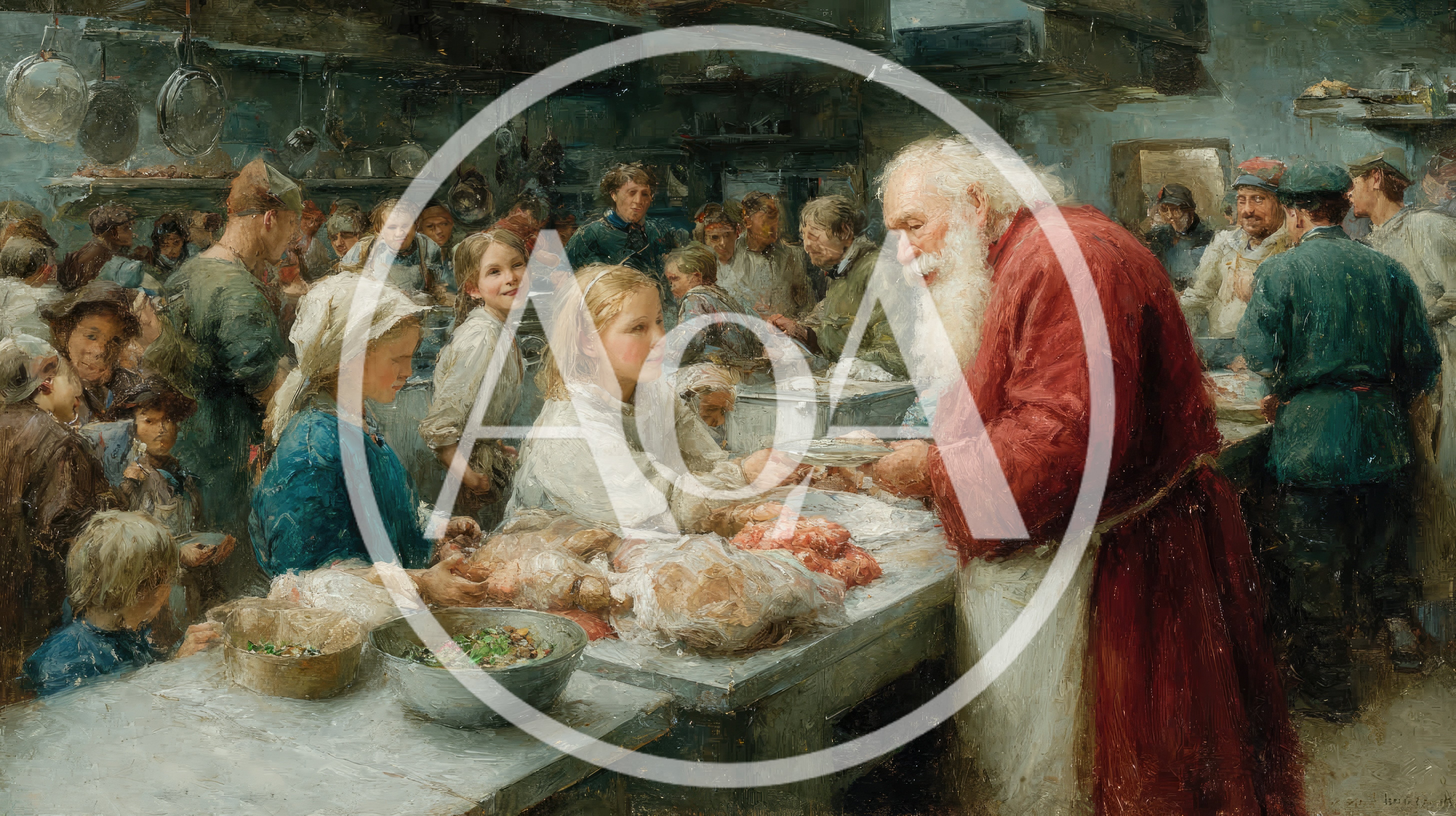 Elderly Man Serving Food To Children In A Kitchen