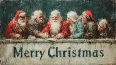 Oil Painting Of Santa Clauses At A Table