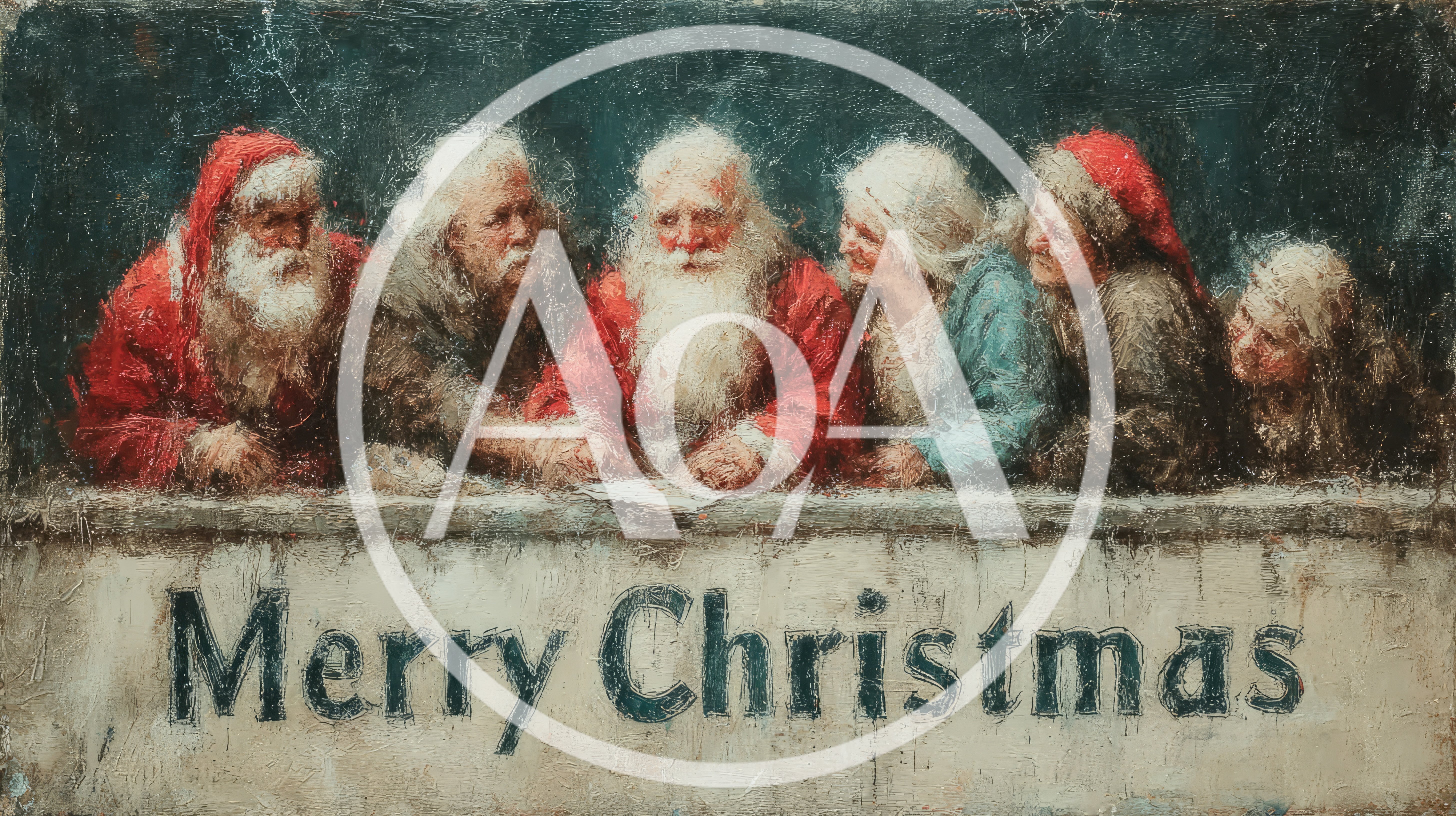 Oil Painting Of Santa Clauses At A Table