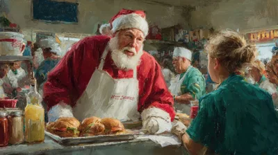 Santa Claus Serving Food In A Busy Restaurant Kitchen