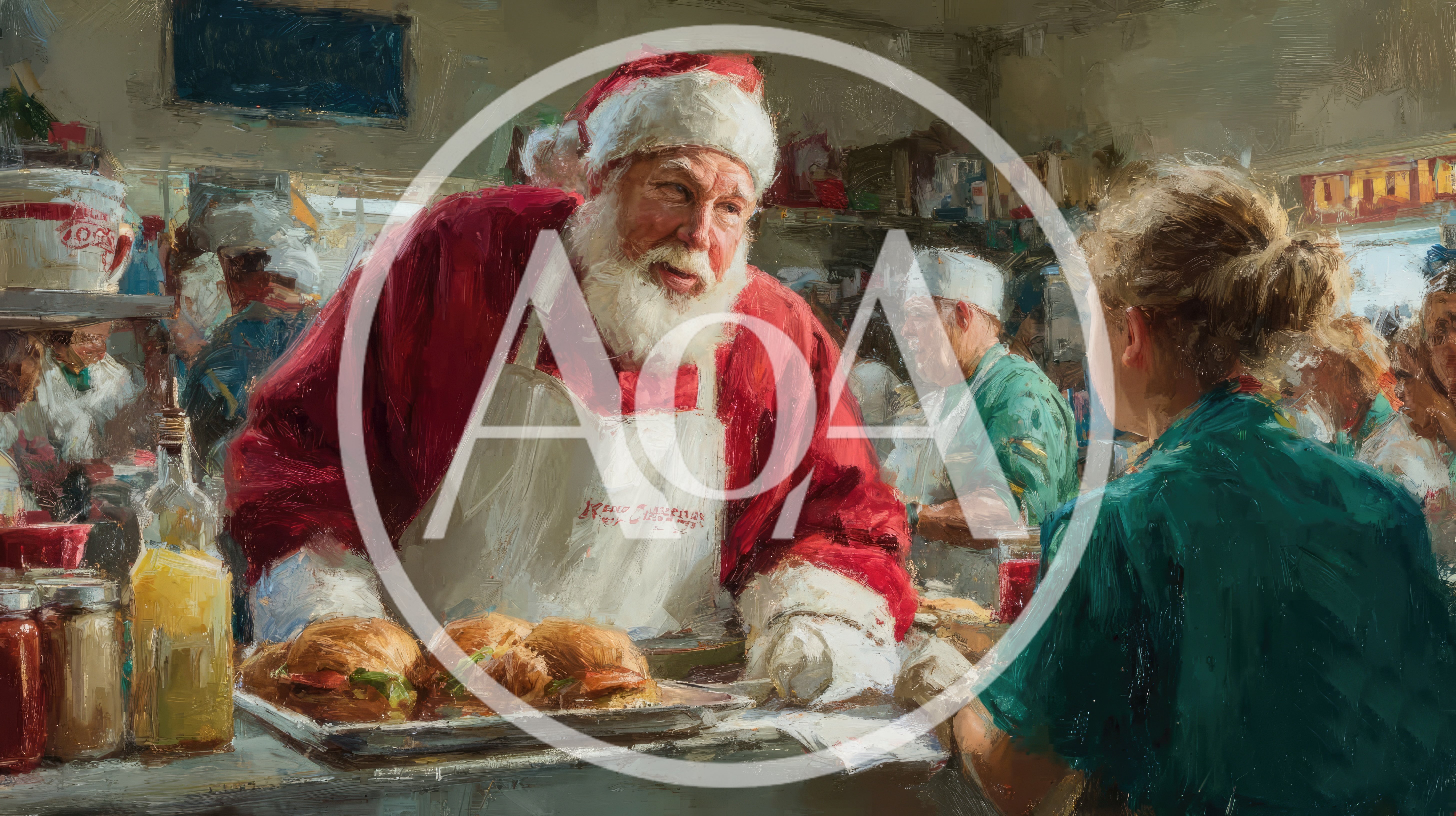Santa Claus Serving Food In A Busy Restaurant Kitchen