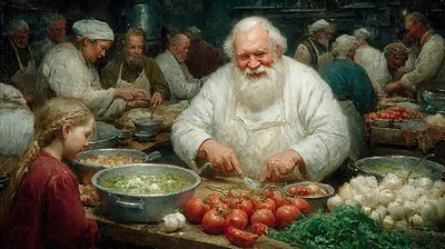 Elderly Chef Preparing Fresh Vegetables In Rustic Kitchen