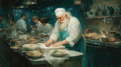 Elderly Chef Writing Orders In A Busy Kitchen
