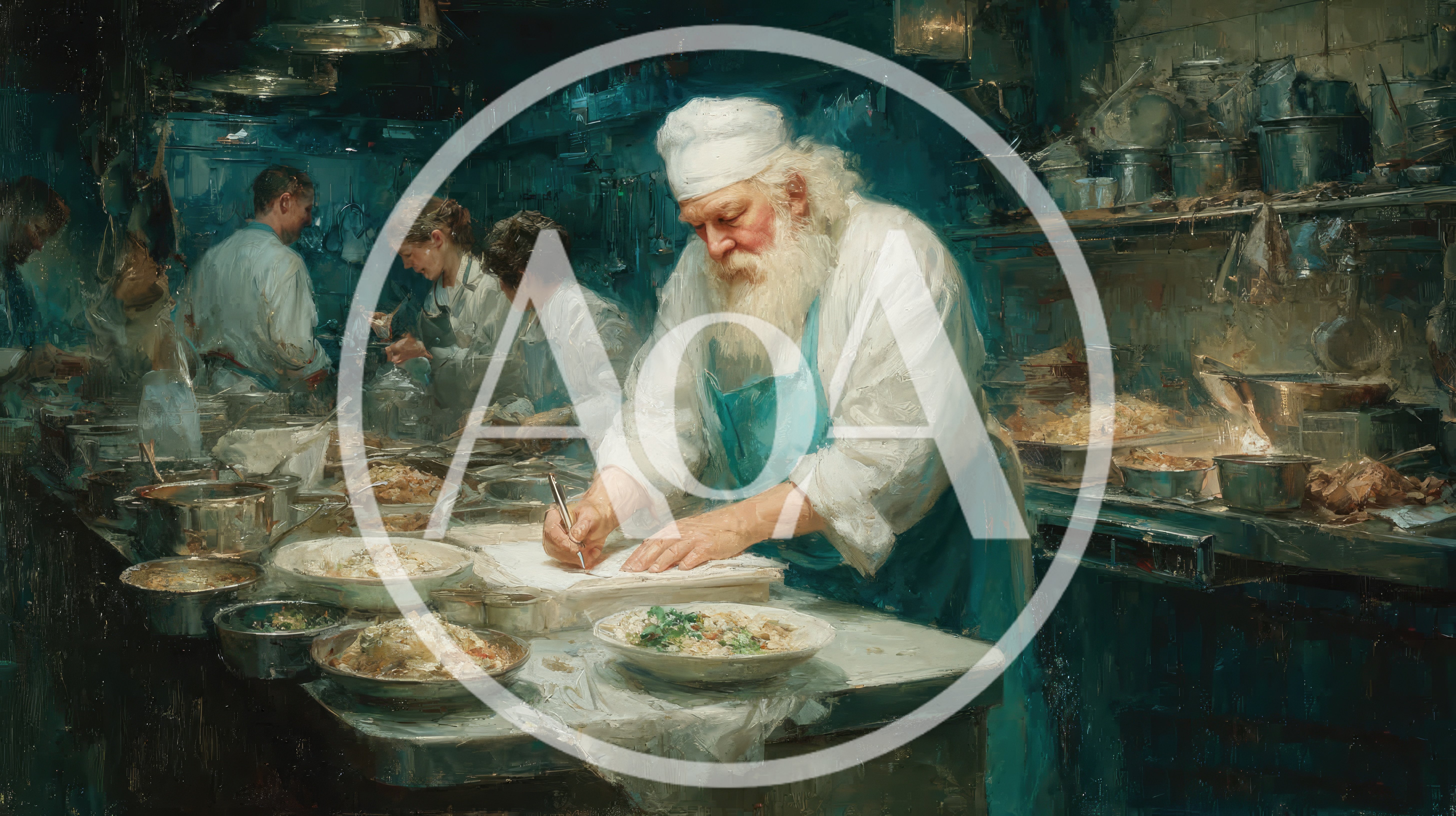 Elderly Chef Writing Orders In A Busy Kitchen