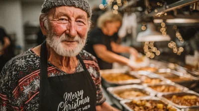 Elderly Man Serving Food at Christmas Charity Event