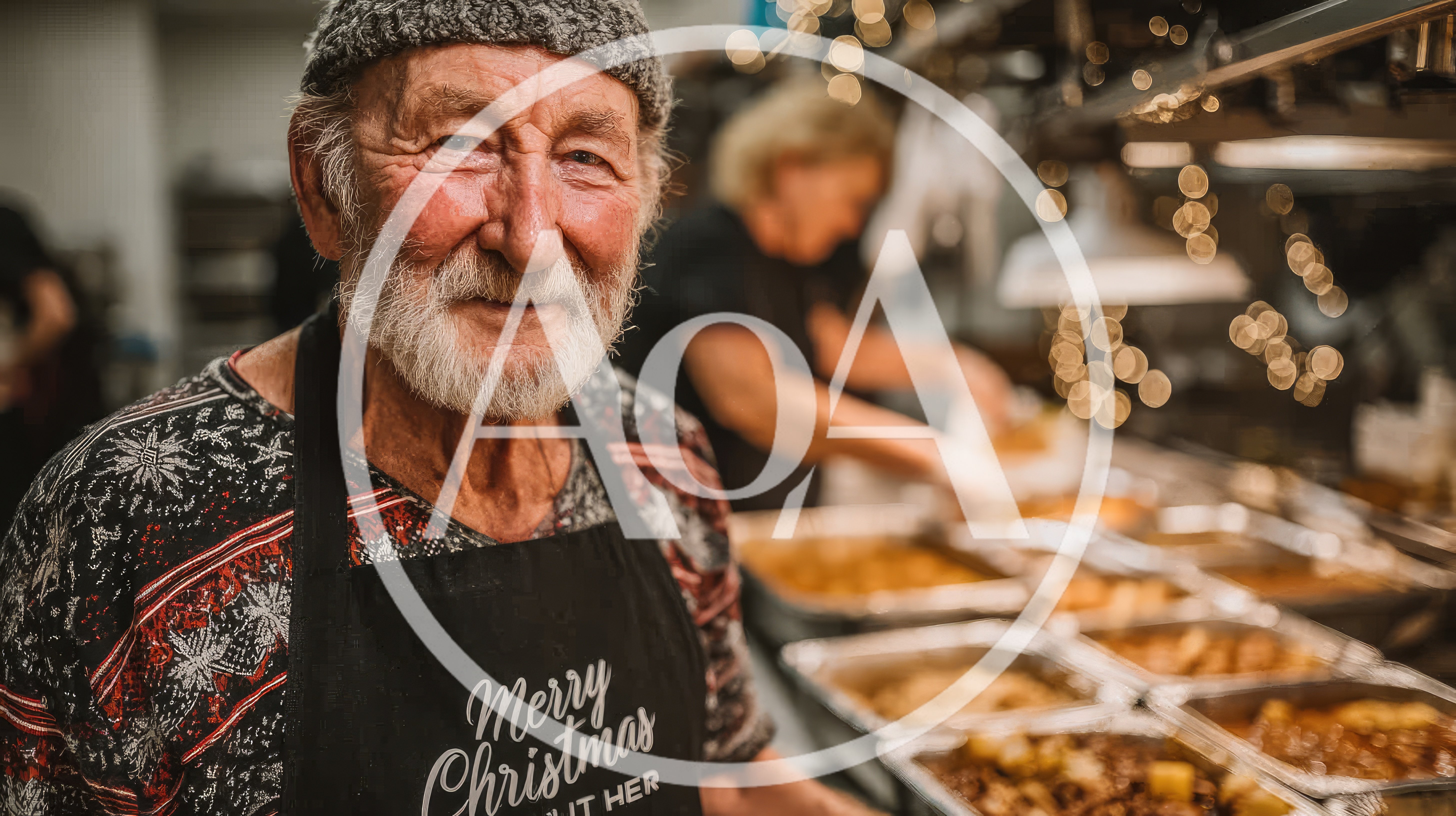 Elderly Man Serving Food at Christmas Charity Event