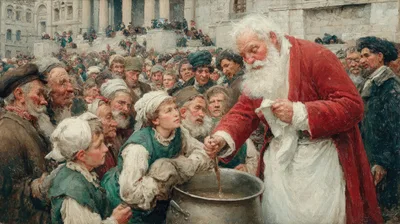 Santa Claus Serving Soup To Impoverished People