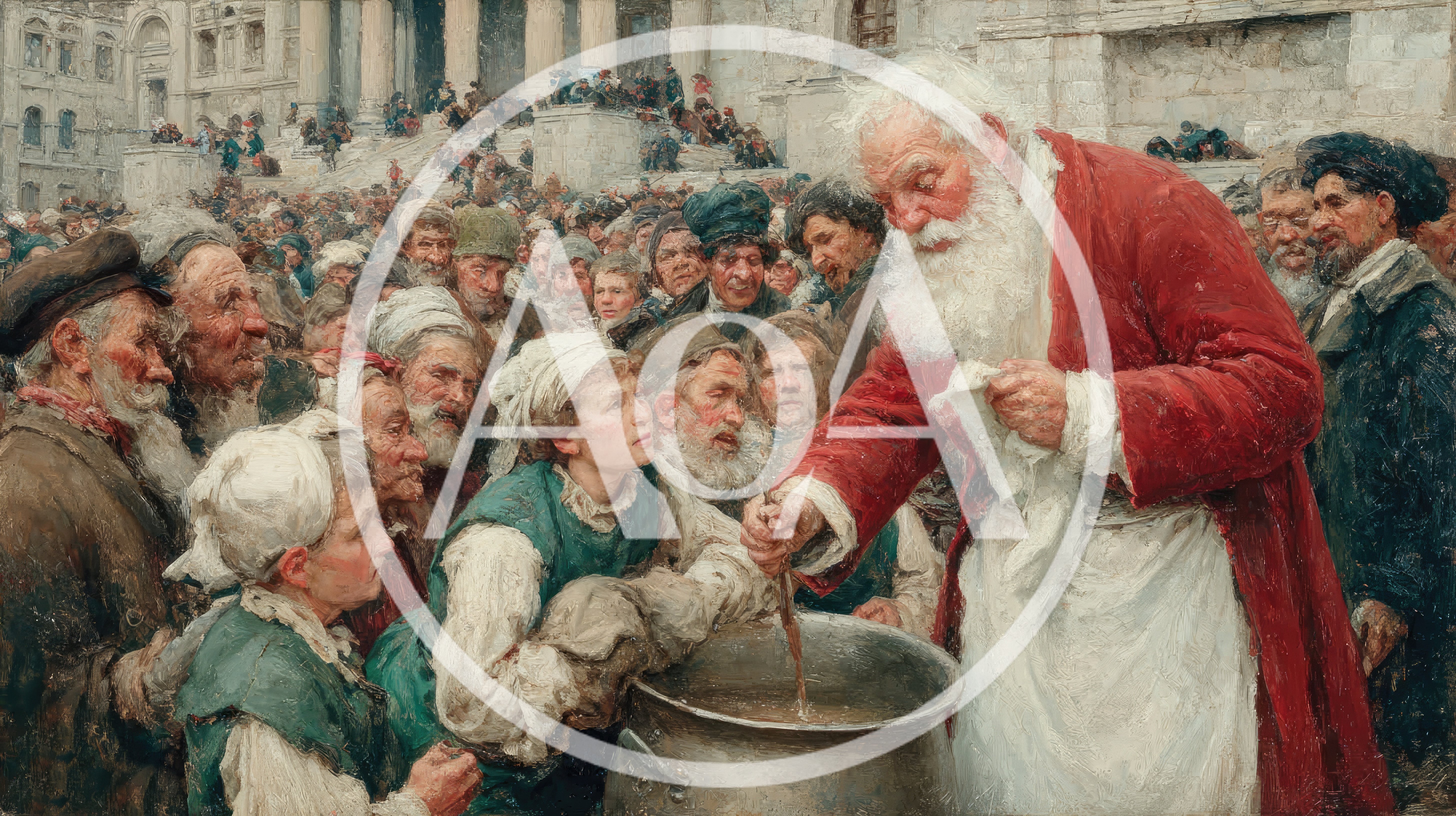 Santa Claus Serving Soup To Impoverished People