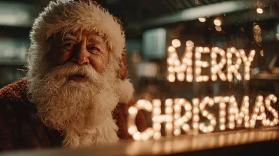 Santa Claus Looking Through A Window With Christmas Lights