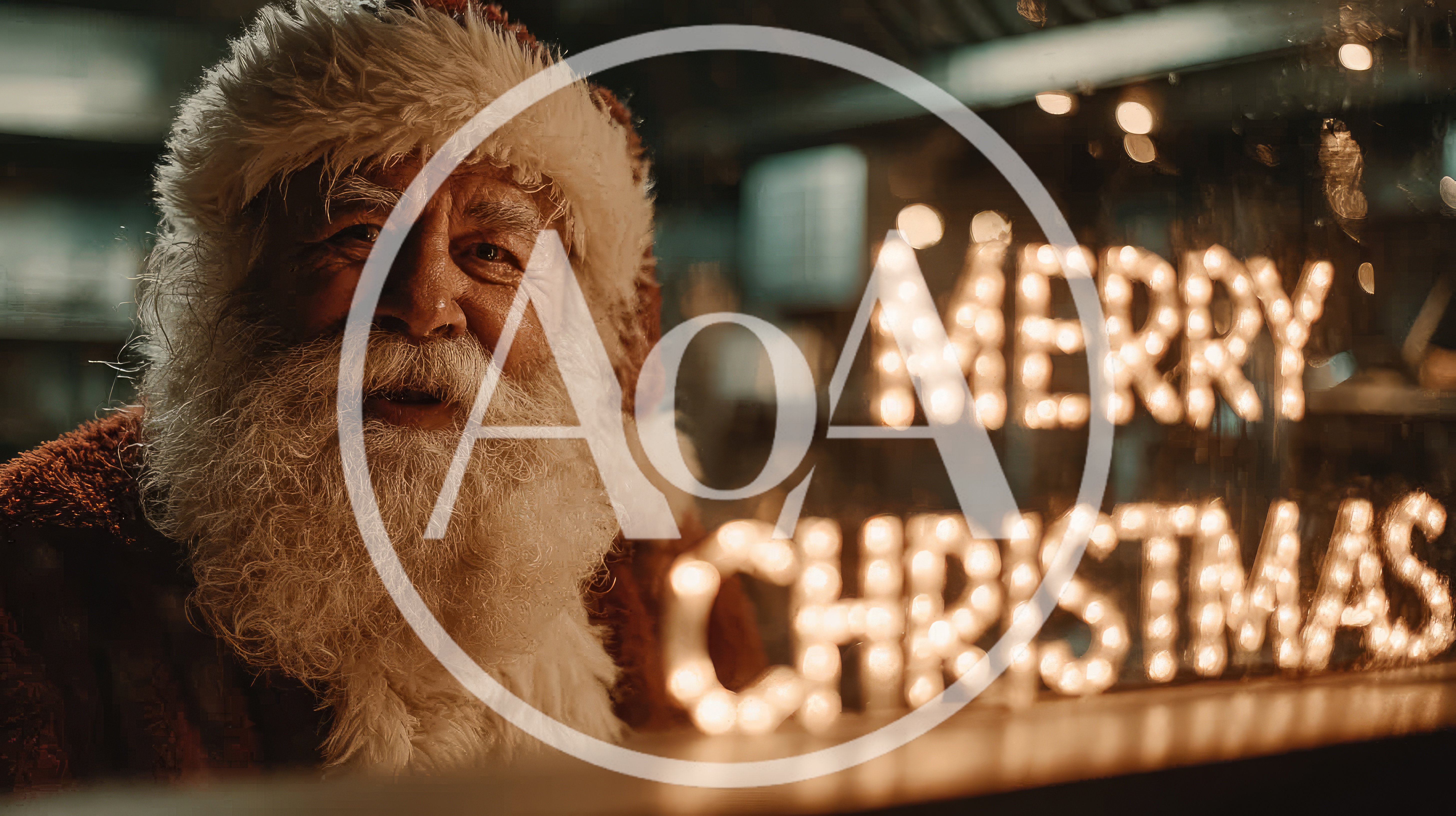 Santa Claus Looking Through A Window With Christmas Lights