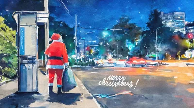 Santa Claus Waiting at a City Bus Stop