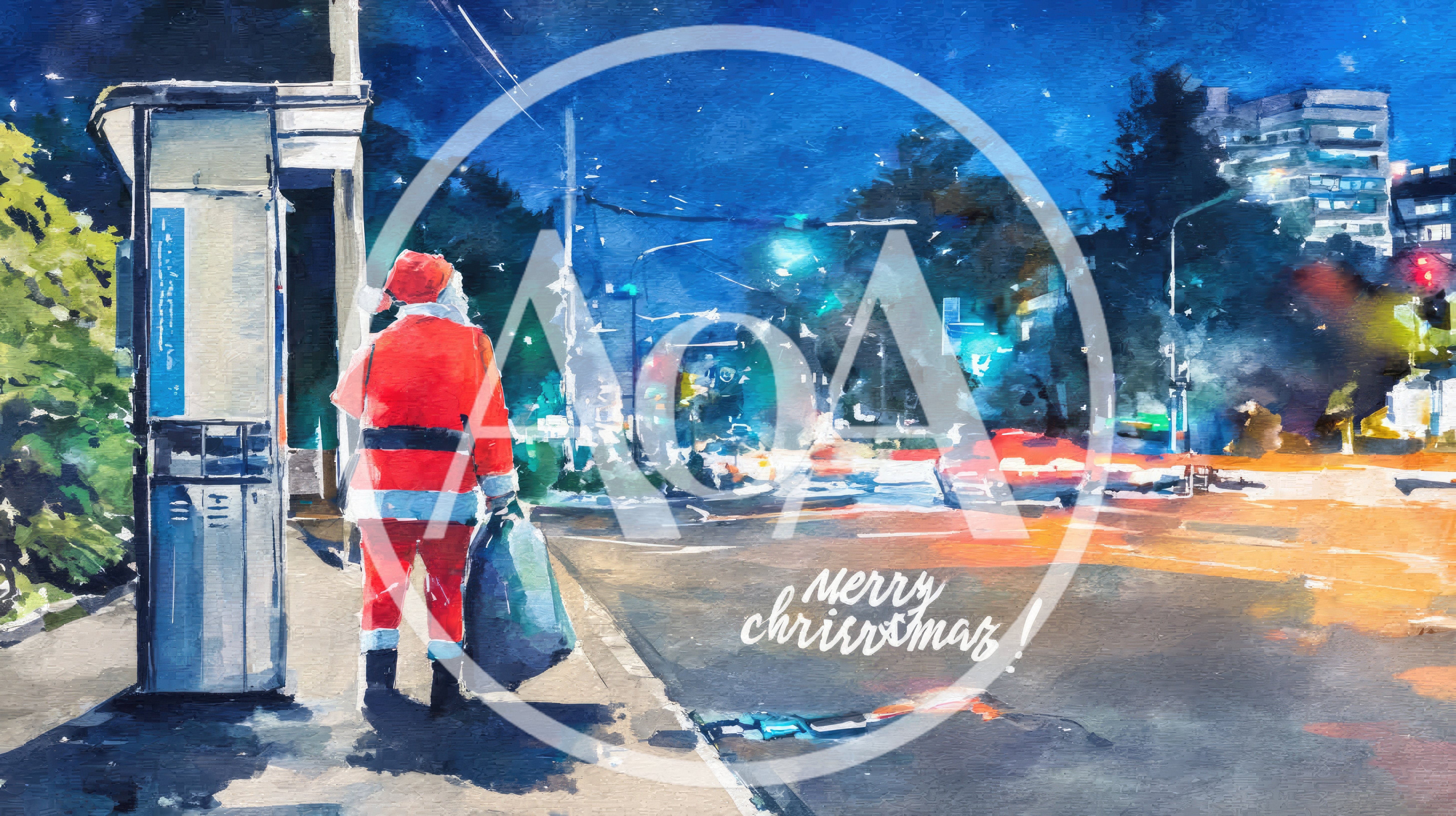 Santa Claus Waiting at a City Bus Stop