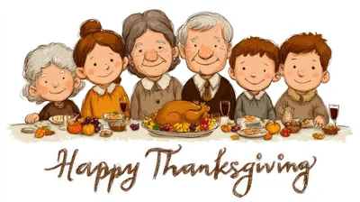 Cartoon Family Celebrating Thanksgiving Dinner Together