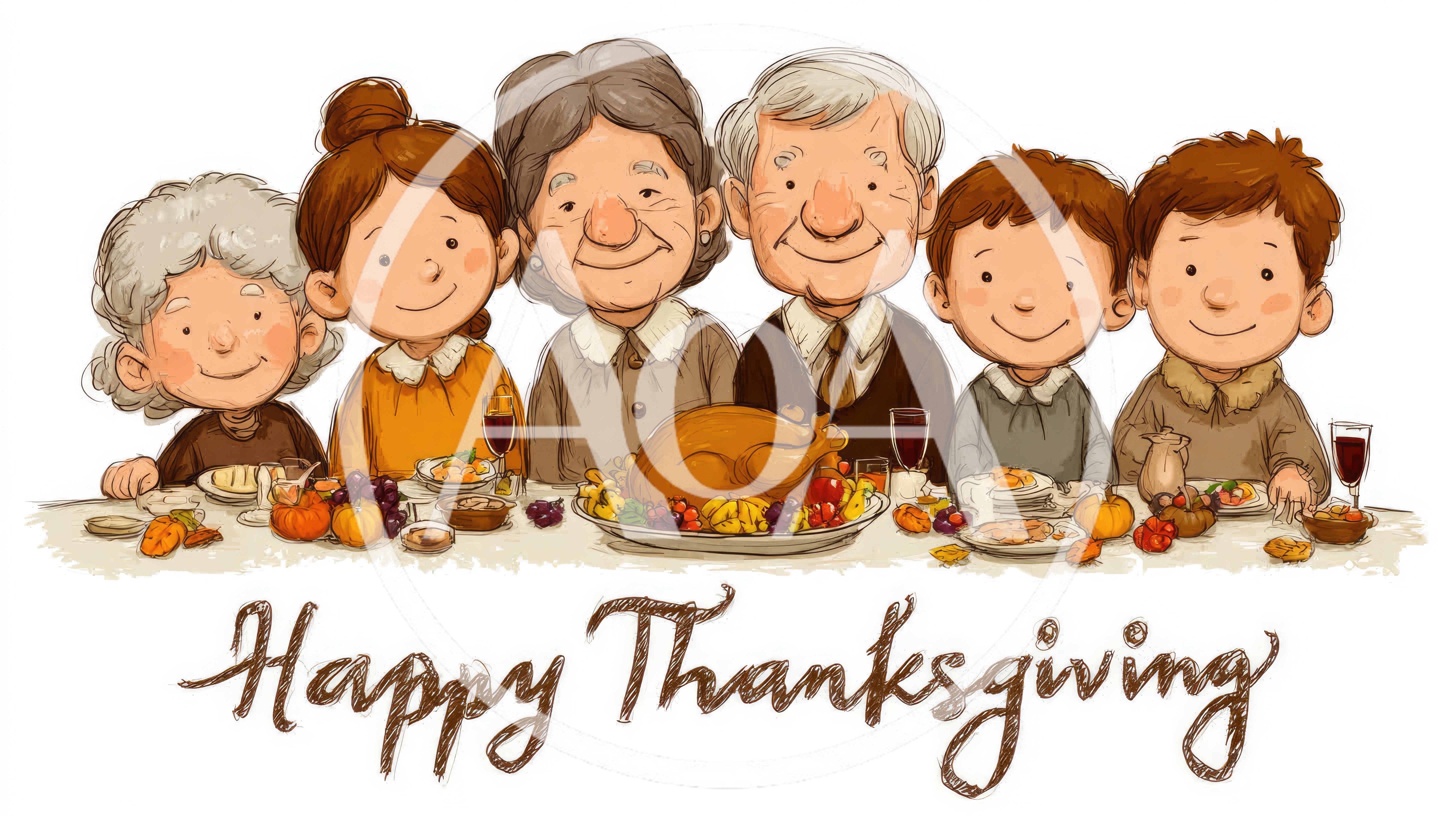 Cartoon Family Celebrating Thanksgiving Dinner Together