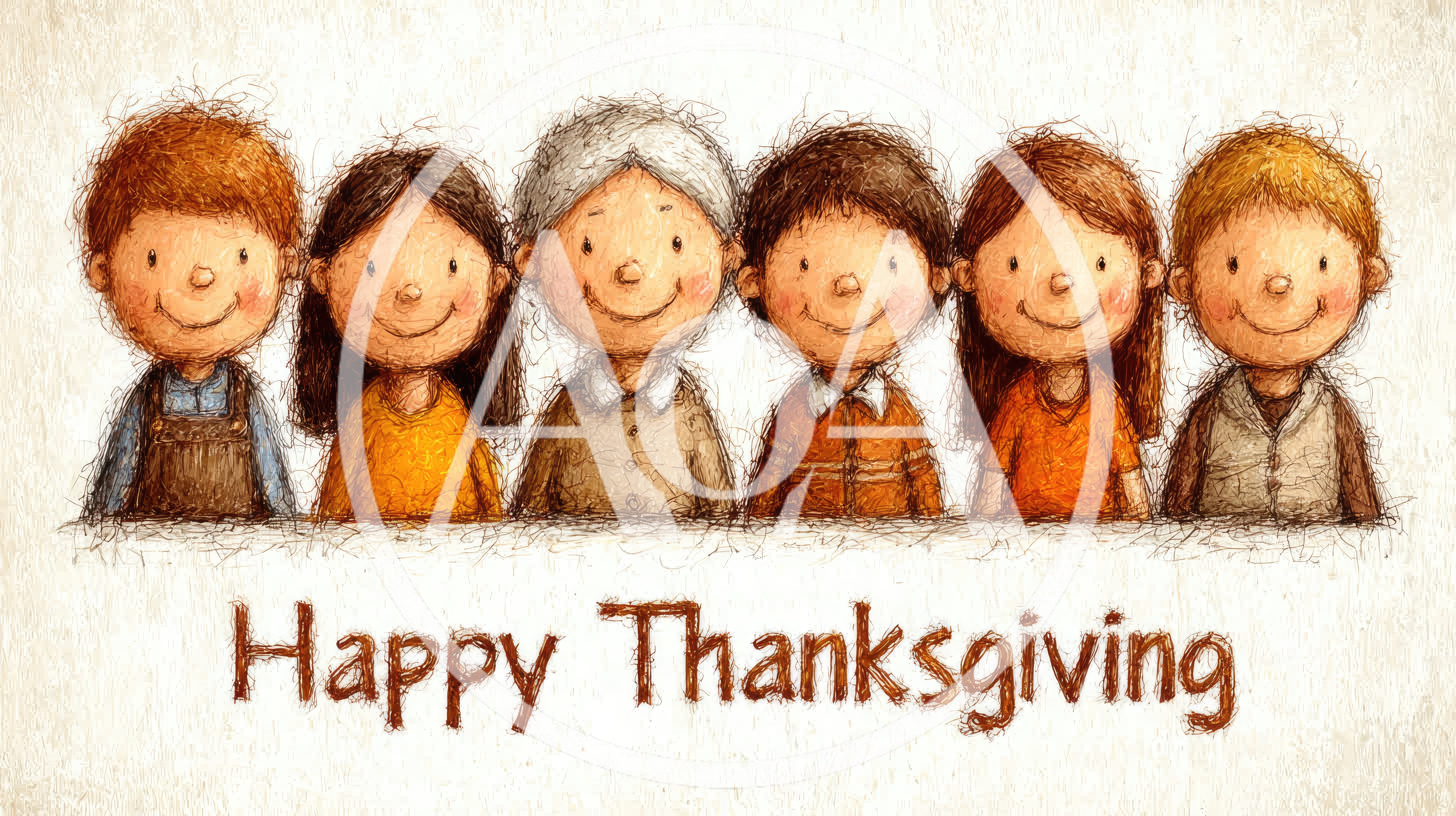 Illustration of Six Diverse Children Celebrating Thanksgiving
