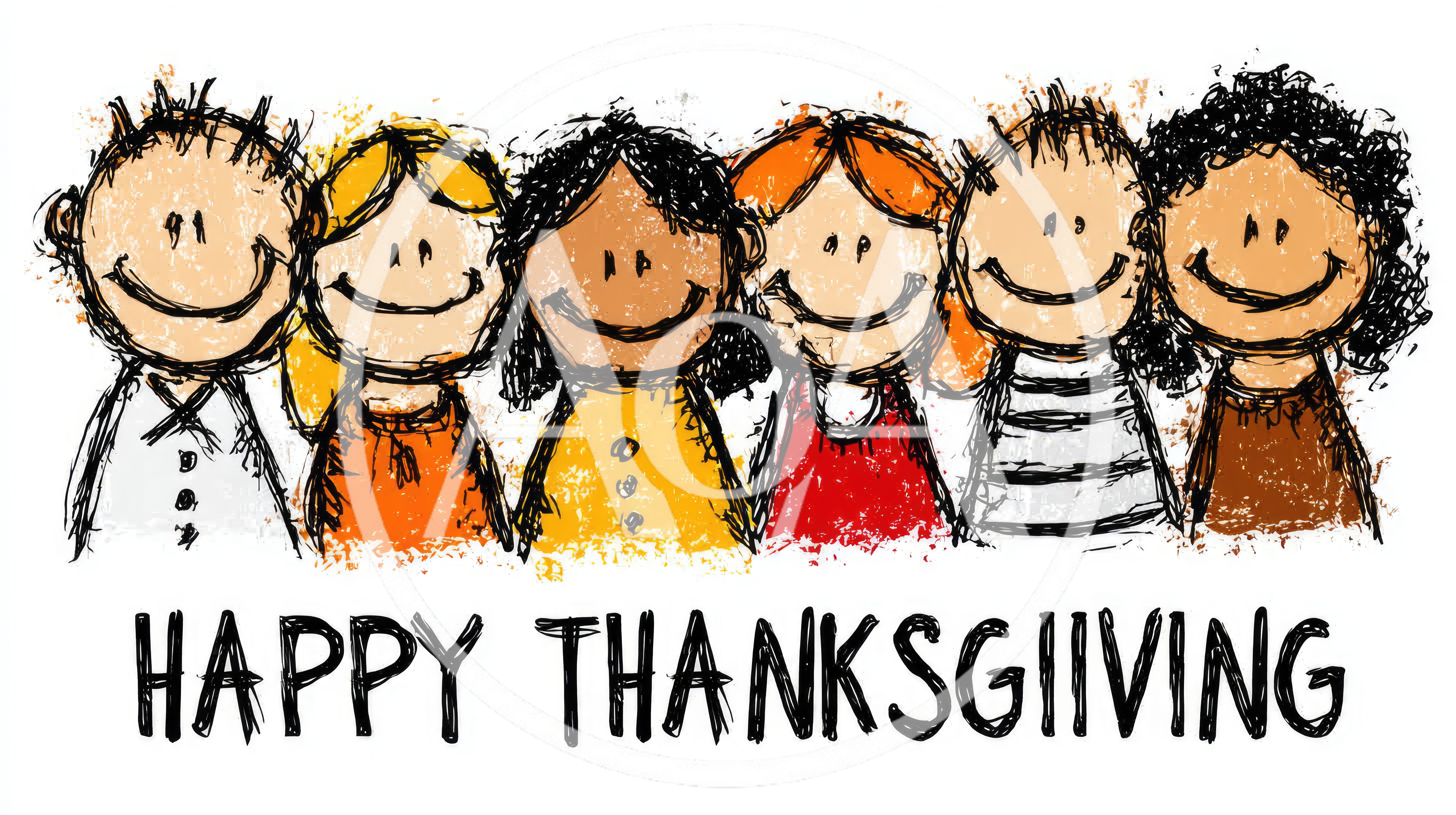 Hand Drawn Illustration Of Diverse Children For Thanksgiving
