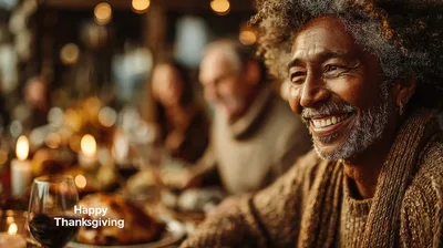 Senior Man Smiling at Thanksgiving Dinner Table