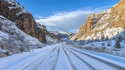 Snow Covered Road Through A Mountain Canyon