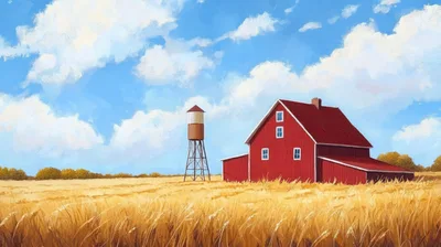 Red Barn And Water Tower In Golden Wheat Field