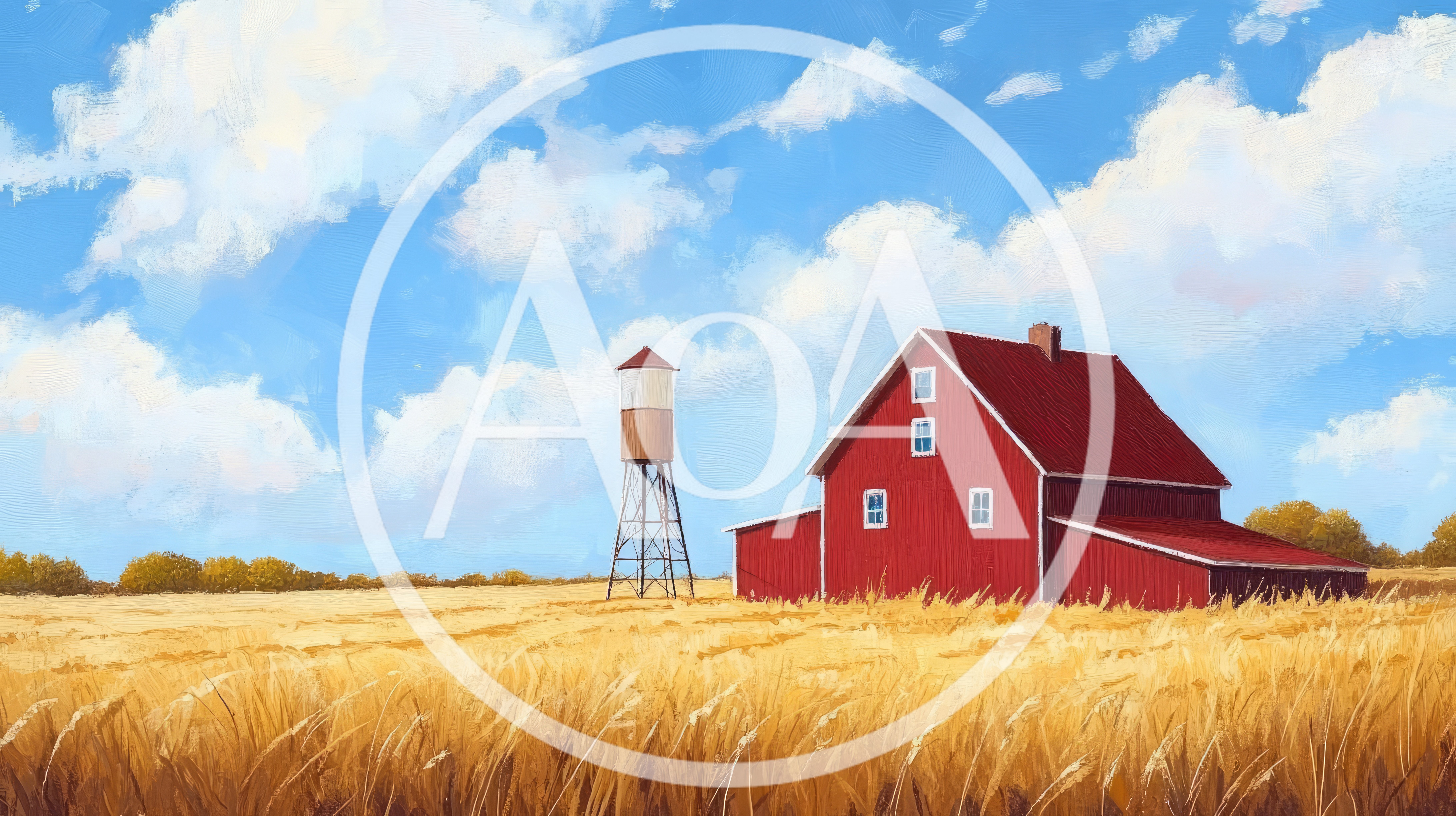 Red Barn And Water Tower In Golden Wheat Field