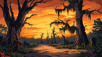 Swamp Landscape With Silhouette Trees At Sunset