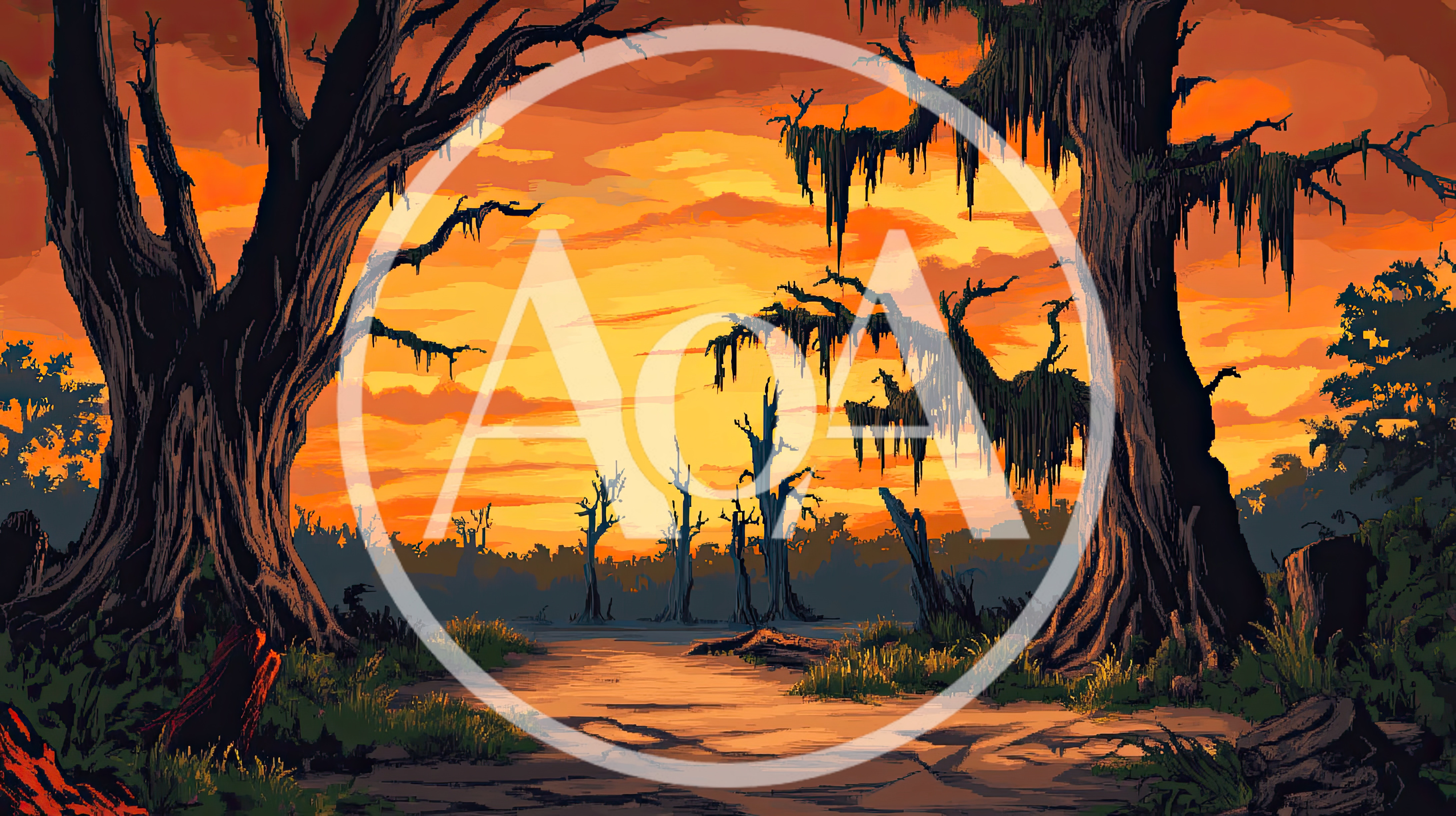 Swamp Landscape With Silhouette Trees At Sunset