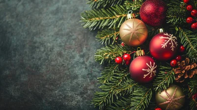 Christmas Ornaments and Pine Branches on Dark Background