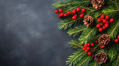 Christmas Pine Branches With Berries And Pinecones