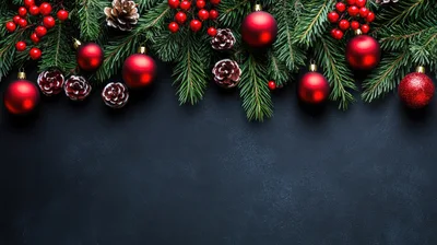 Christmas Decorations With Red Ornaments And Pine Branches