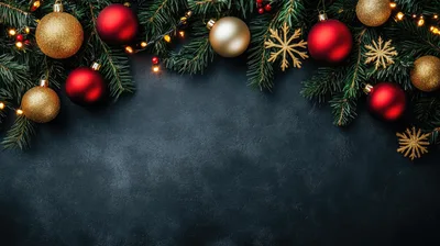 Christmas Ornaments And Pine Branches On Dark Background