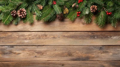 Christmas Pine Branches With Pinecones On Wooden Background